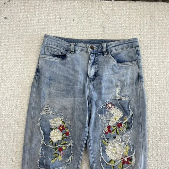 Joseph Ribkoff Jeans Blue Floral / Pearl Embellished Distressed Women Read - Picture 2 of 13